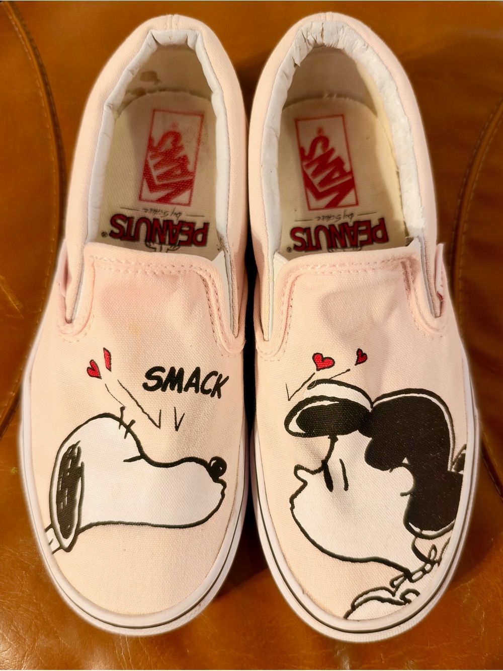 Vans Peanuts Slip-On Flats in Light Pink with Snoopy & Lucy